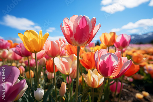 Spring landscape field of beautiful colorful tulips