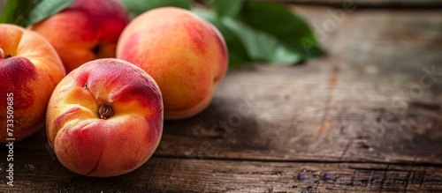 Fresh, ripe peaches on a wooden table.