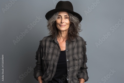 Portrait of a beautiful mature woman in hat, isolated on grey background