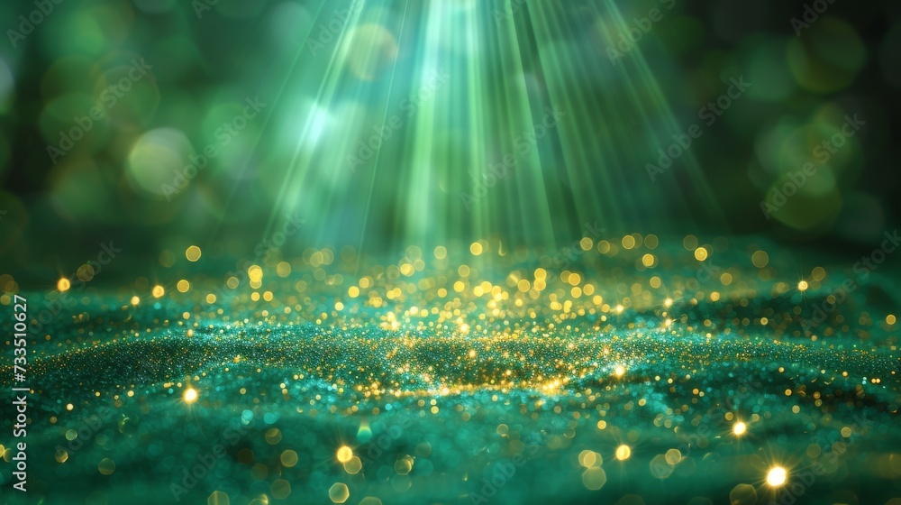 A beautiful green landscape with sunrays coming from the side making gold sparkles.  - obrazy, fototapety, plakaty 