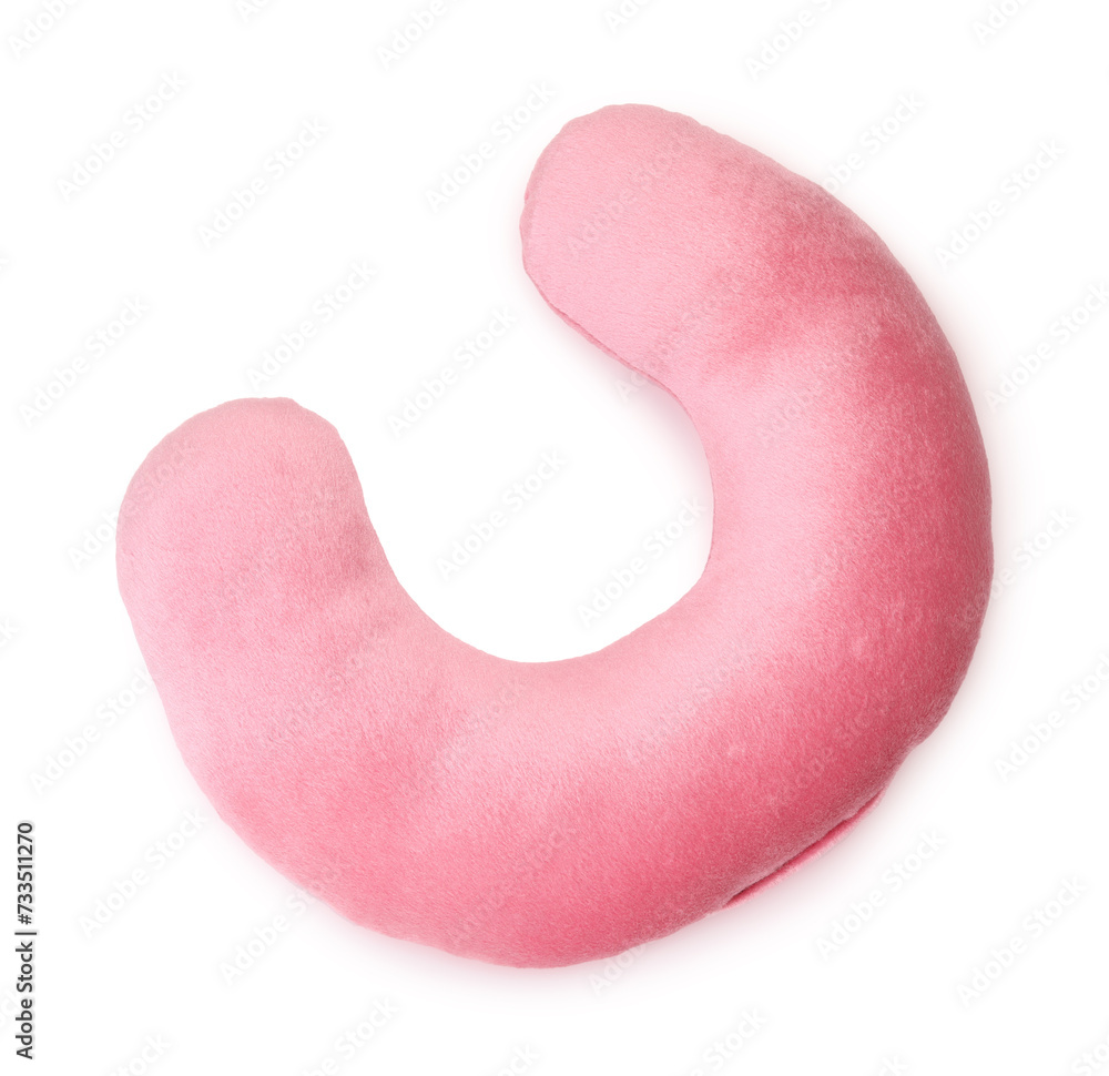 One pink travel pillow isolated on white, top view One pink travel pillow isolated on white, top view