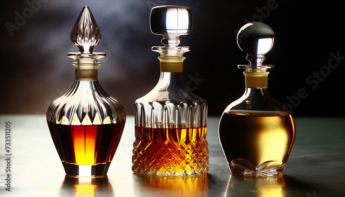 Three liquor decanters on a polished surface