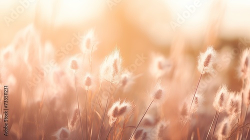 Soft focus of grass flowers with sunset light, peaceful and relax natural beauty, spring Easter wild flowers background concept