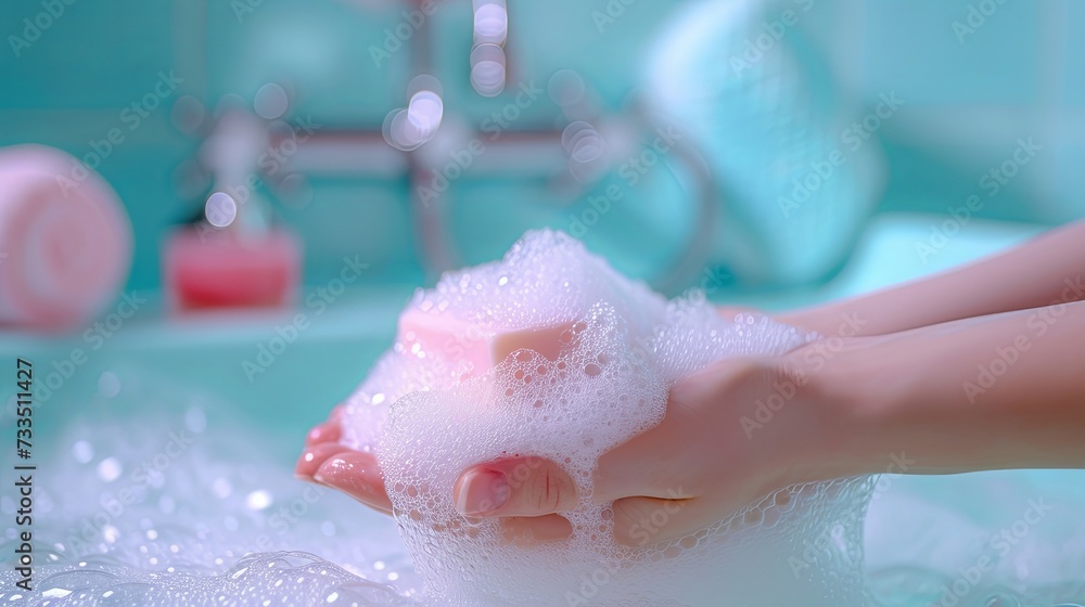 Hand holding soap bar spa nature. Banner background design Stock Photo ...