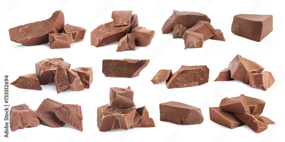 Pieces of tasty chocolate isolated on white, set Pieces of tasty chocolate isolated on white, set