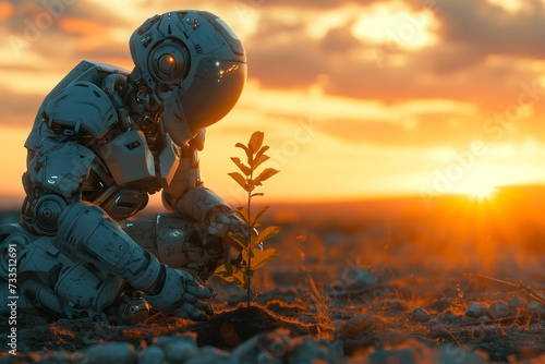 Environment concept, An autonomous robot gently plants a young tree sapling during a beautiful sunset, blending technology with nature restoration.