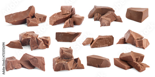 Pieces of tasty chocolate isolated on white, set