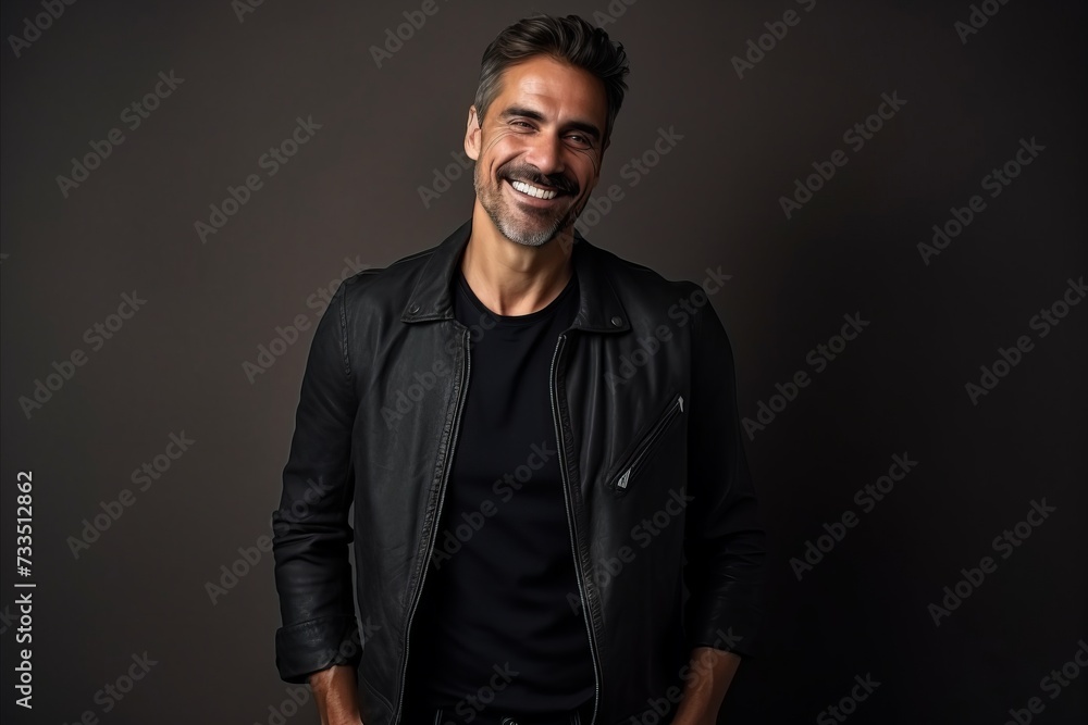 Portrait of a handsome middle-aged man in a black leather jacket, smiling at the camera. Portrait of a handsome middle-aged man in a black leather jacket, smiling at the camera.