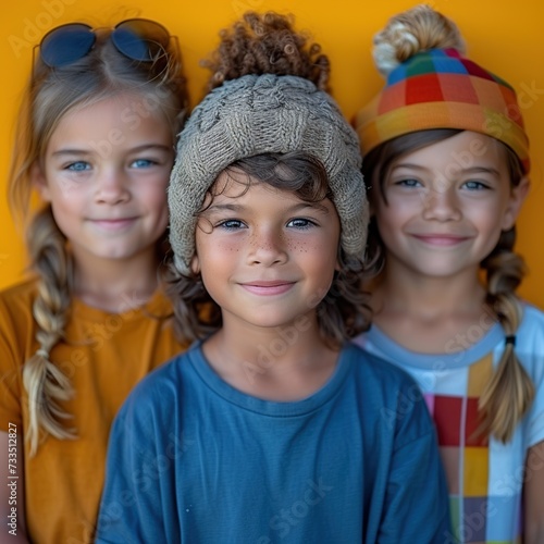 Positive kids of different races pose for a photo session, promoting diversity and unity in a colorful campaign.