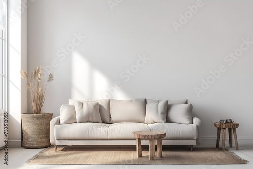 Interior Living Room, Empty Wall Mockup In White Room With Beige Sofa And Green Plants, 3d Render Real Room Template © Julian Adams