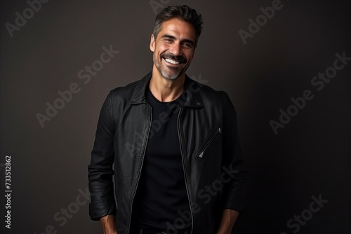Portrait of a handsome middle-aged man in a black leather jacket, smiling at the camera.