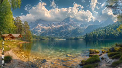 Pollution free environment  pristine alpine lake. Clean  crystal clear water in front of mountain range and clouds.