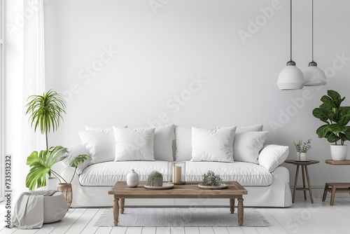 Interior Living Room, Empty Wall Mockup In White Room With White Sofa And Green Plants, 3d Render Real Room Template © Pixels Studio
