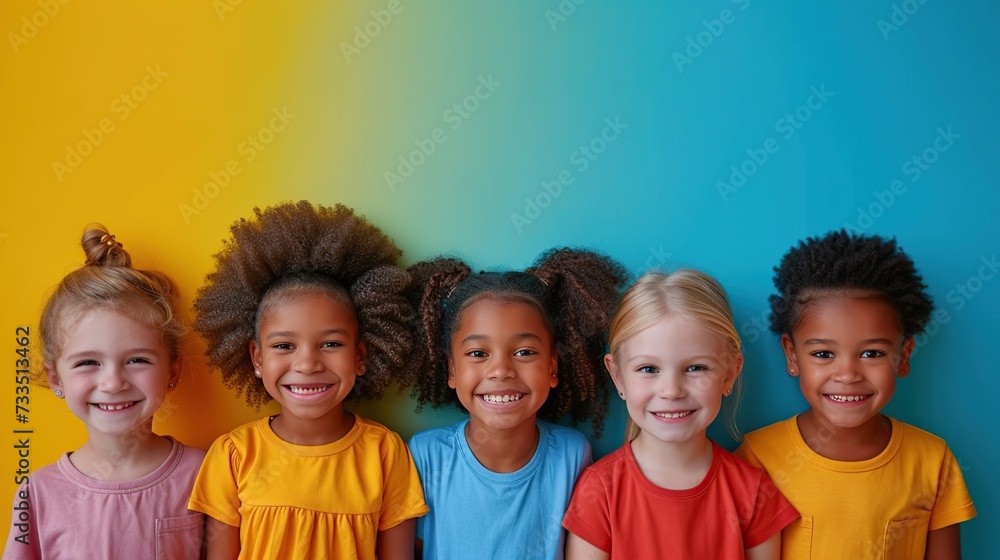 Positive kids of different races pose for a photo session, promoting diversity and unity in a colorful campaign. Positive kids of different races pose for a photo session, promoting diversity and unity in a colorful campaign.