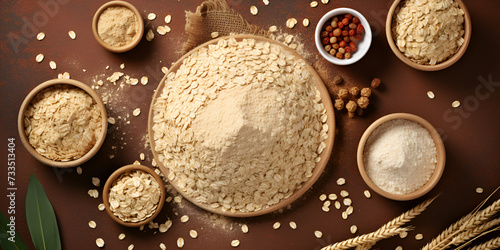 Raw dry white quinoa flour seeds on a grey table close up Flour in Wooden Bowl with Wheat on Cloth A Cozy and Comfortable Background for Cooking Plant.