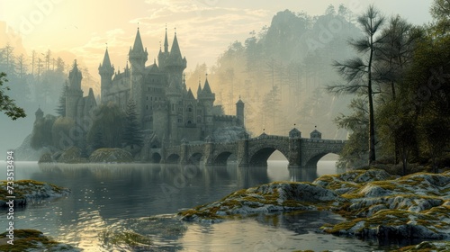 A 3D visual rendering of a medieval castle situated at the edge of a mist-laden enchanted forest photo