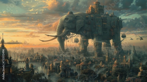 A bustling metropolis populated by fantastical creatures at dawn photo
