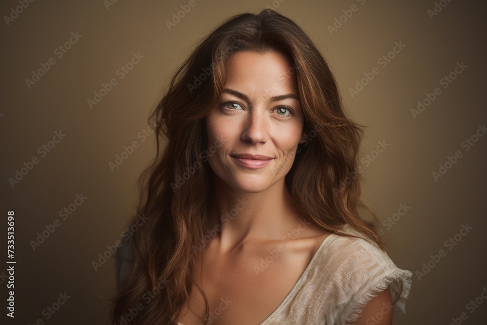 Portrait of beautiful young woman with long brown hair. Studio shot. Portrait of beautiful young woman with long brown hair. Studio shot.