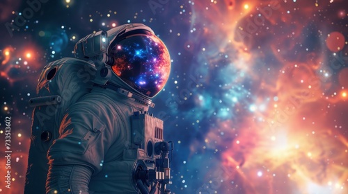 An astronaut gazing at a dazzling galaxy full of vibrant colors and twinkling stars