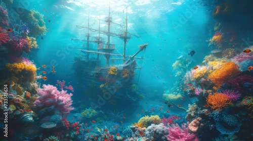An underwater world with vibrantly colored coral reefs exotic fish and a sunken pirate ship © chayantorn
