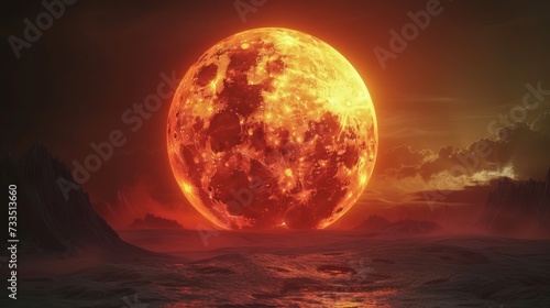 glowing full moondark solar eclipse merging in a twilight sky surrealist art 3D animation Unique