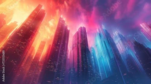 Three-dimensional futuristic cityscape under a stormy vibrant rainbow sky