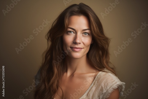 Portrait of beautiful young woman with long brown hair. Studio shot.