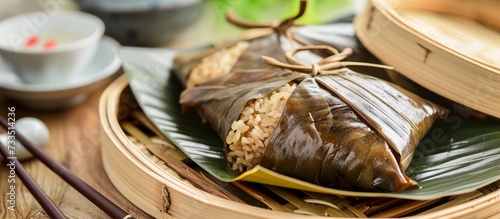 A bamboo steamer filled with delicious food, alongside chopsticks, on a wooden table. This dish may include zongzi, seafood, and other comforting ingredients from the terrestrial plant.