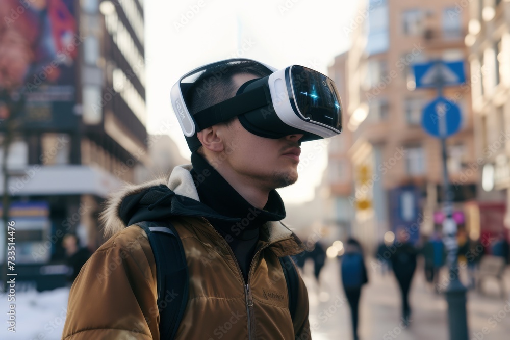 Person with VR headset against building background Person with VR headset against building background