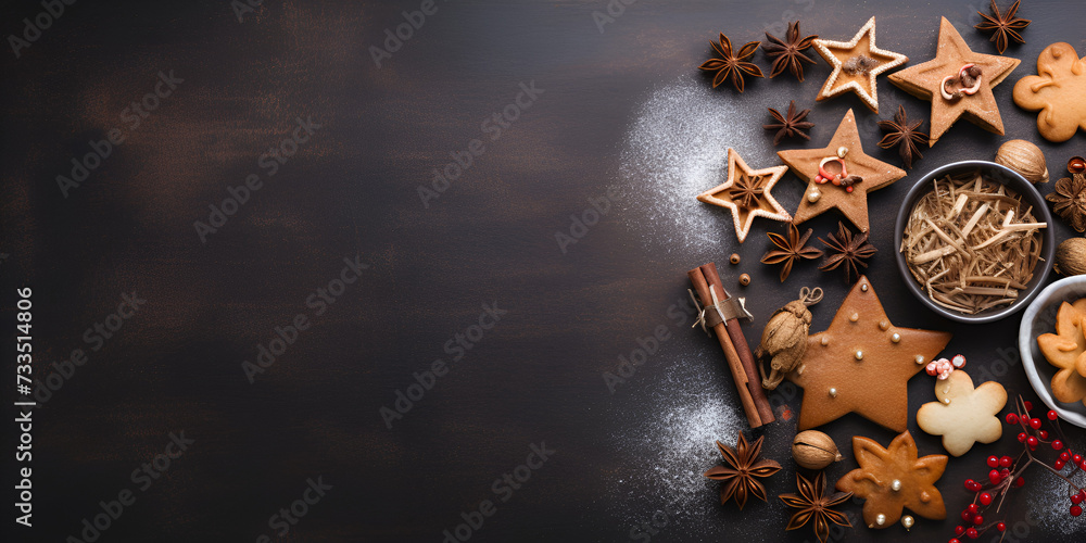 Christmas gingerbread cookies and spices on dark wooden background, copy space - obrazy, fototapety, plakaty 