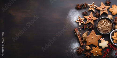 Christmas gingerbread cookies and spices on dark wooden background, copy space