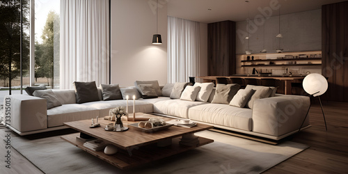 A Stylish Living Room Oasis Featuring a Luxurious Sofa Against a Serene Light Wall Modern living room interior with sofa and coffee table. Mock up, 3D Rendering. © hamzarao