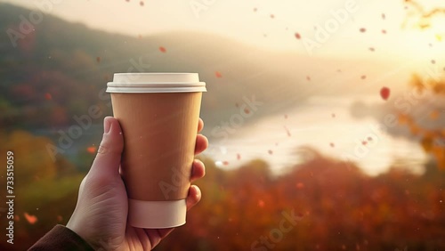 hand holding paper cup of coffee on natural morning. seamless looping overlay 4k virtual video animation background  photo