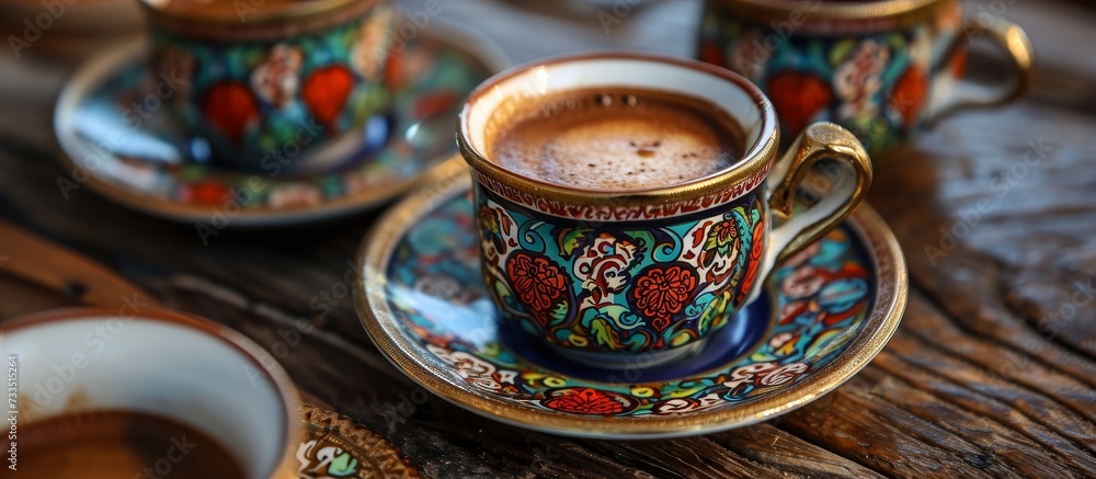 A coffee cup is elegantly placed on a saucer atop a wooden table, creating a soothing and inviting setting for a relaxing drink. A coffee cup is elegantly placed on a saucer atop a wooden table, creating a soothing and inviting setting for a relaxing drink.