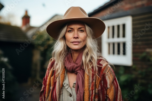Portrait of a beautiful woman in a hat and scarf outdoors.