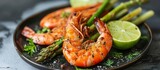 King prawns, asparagus, and lime served on a plate.