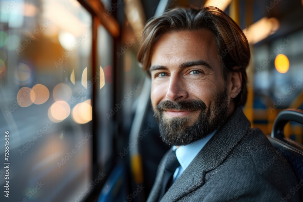Portrait of a happy business man traveling by bus taking public transportation to reduce air pollution , businessman going to work by bus,copy space. Portrait of a happy business man traveling by bus taking public transportation to reduce air pollution , businessman going to work by bus,copy space.