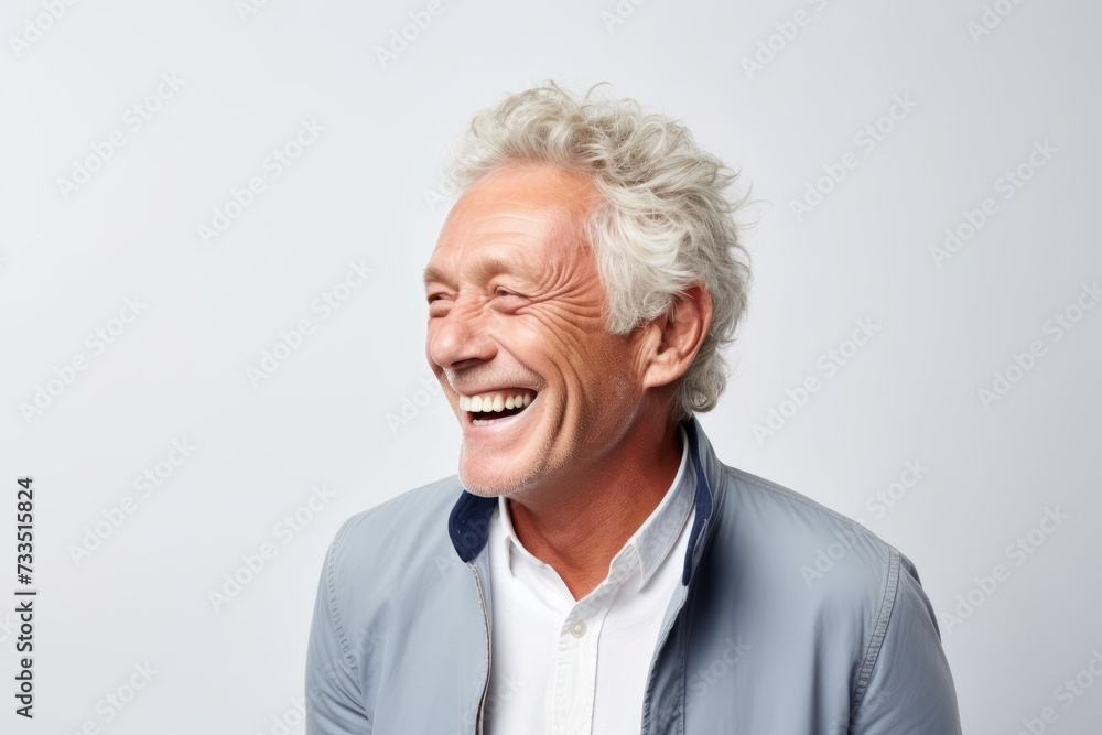 Handsome senior man laughing and looking at camera on grey background Handsome senior man laughing and looking at camera on grey background