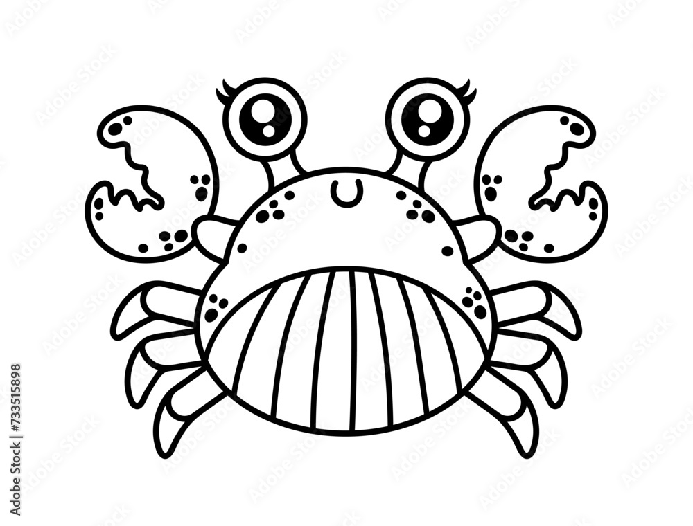 Crab vector illustration. Friendly crustacean animal with a spotted shell and claws. Funny ocean pet smiles. Coloring page for children, kids. Outline, black doodle. Comic clipart isolated on white Crab vector illustration. Friendly crustacean animal with a spotted shell and claws. Funny ocean pet smiles. Coloring page for children, kids. Outline, black doodle. Comic clipart isolated on white