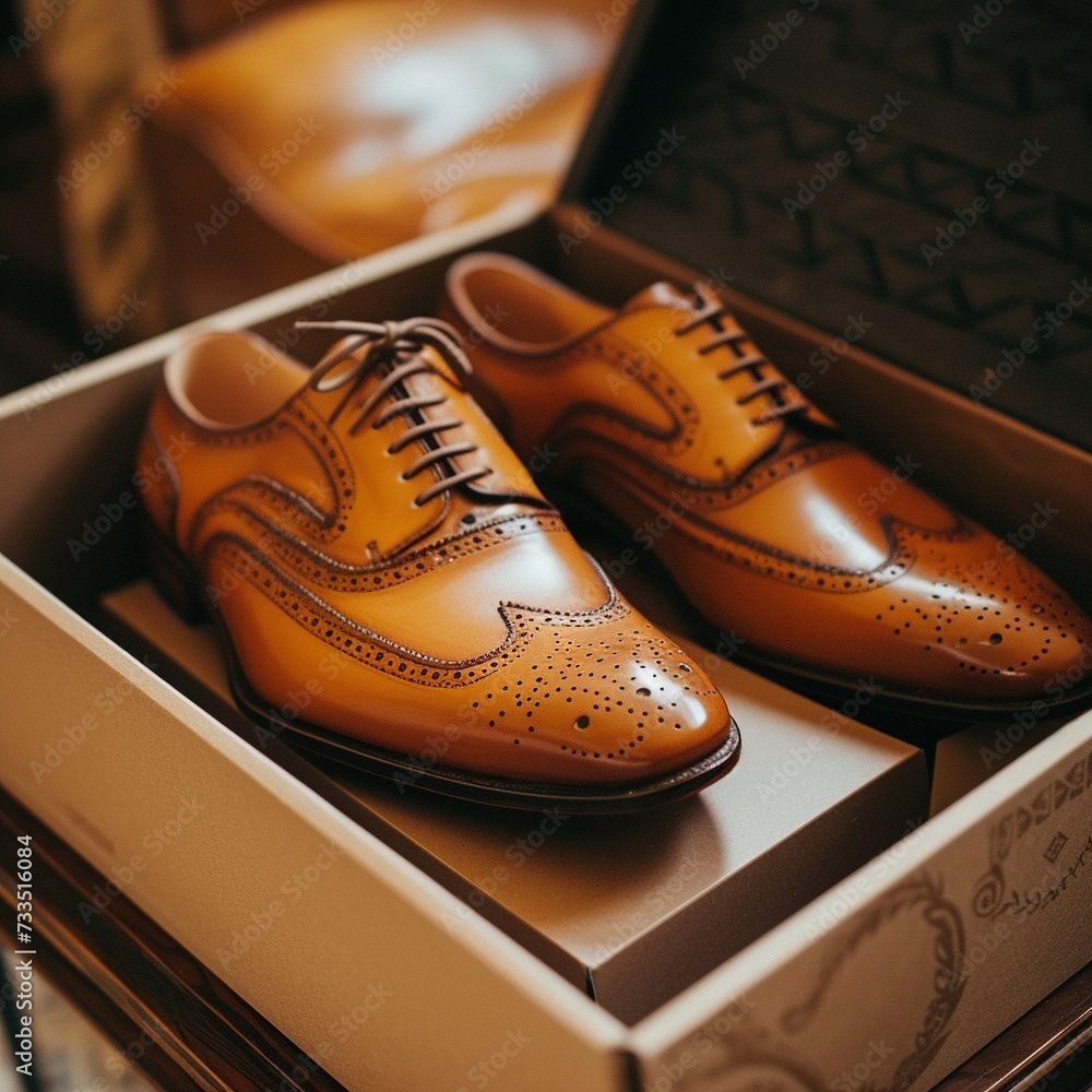 pair of stylish leather shoes with box display