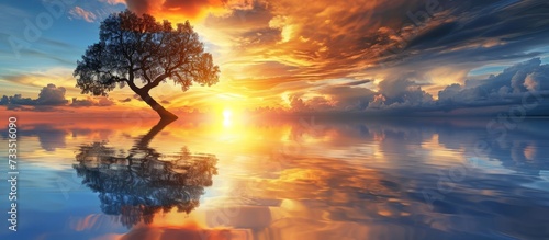 Serene Tree Soaring into the Majestic Sky of a Vibrant Sunset with Soft Clouds and Radiant Reflections