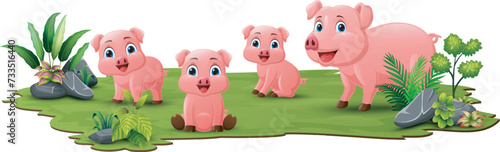 Cute family pig cartoon in the grass