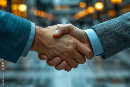 A dynamic handshake between two business leaders signifies the successful negotiation of a merger, underlining the strategic decisions involved in consolidating market forces. Generative Ai.