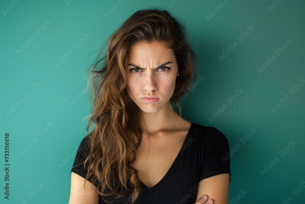 Intense Anger: Woman's Fiery Expression Against Solid Background Intense Anger: Woman's Fiery Expression Against Solid Background