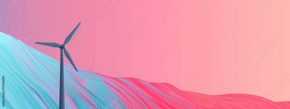 Pink Banner Featuring Wind Turbine in Minimalistic Environmental Setting, Offering Abundant Copyspace for Sustainable Messaging