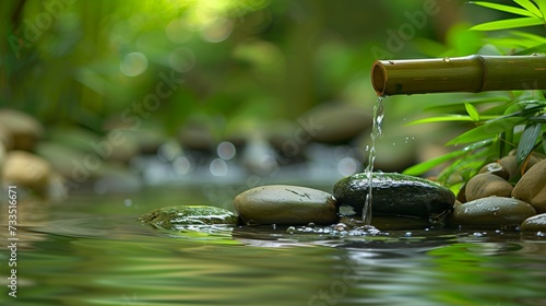 Landscape scene of water gently falling through a bamboo shoot in an arrangement of zen stones. Peaceful and green setting. Smooth water flow complementing the look of the scene.