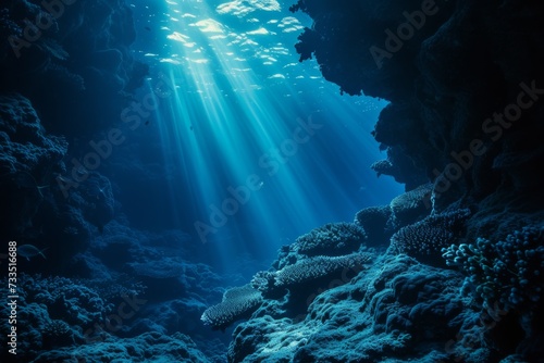 Blue sun rays underwater