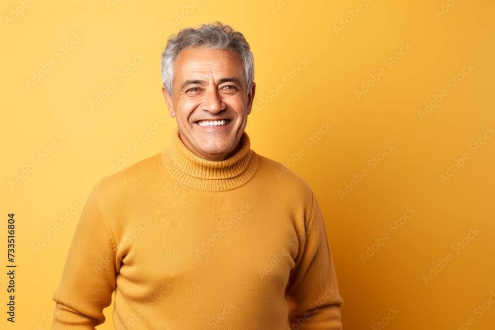 Portrait of a happy senior man in yellow sweater over yellow background Portrait of a happy senior man in yellow sweater over yellow background