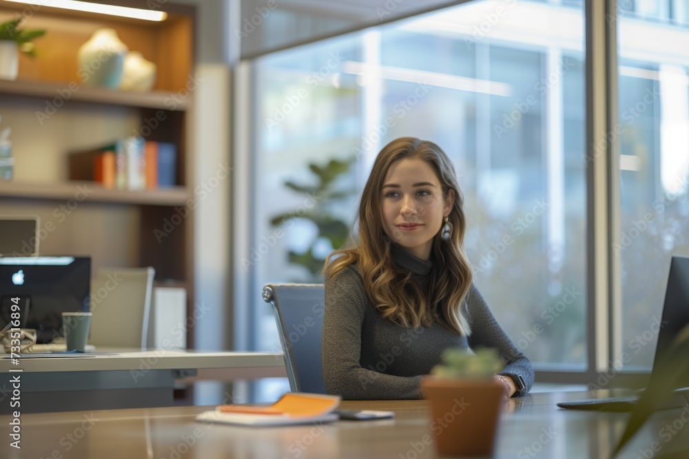 Workplace Focus: Young Woman Seated at Office Table Workplace Focus: Young Woman Seated at Office Table