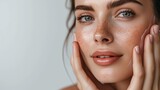 Woman taking care of face skin daily routine. Banner background design